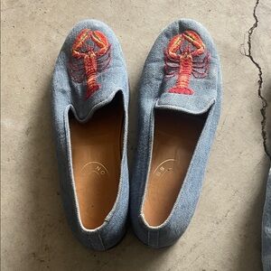 Stubbs & Wootton Blue Denim Loafers with Red Embroidery